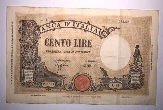 1051 Regno d'Italia Banconota Barbetti 100 Lire 09/12/1942