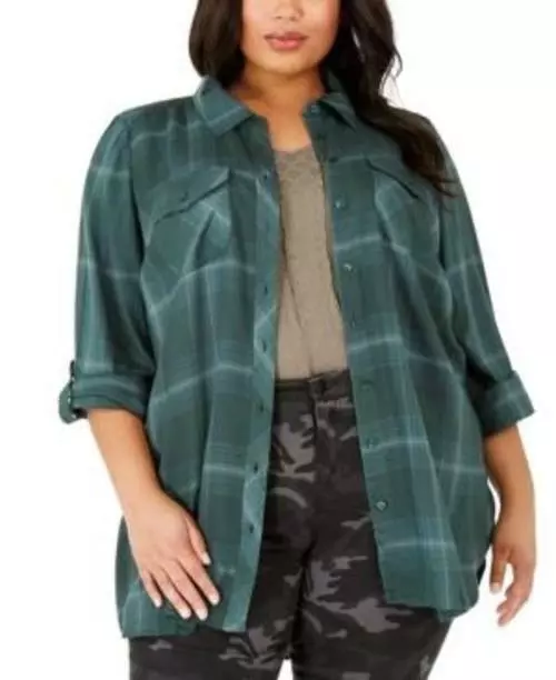 MSRP $57 Style & Co Plaid Utility Button Up Shirt Green Size 0X NWOT