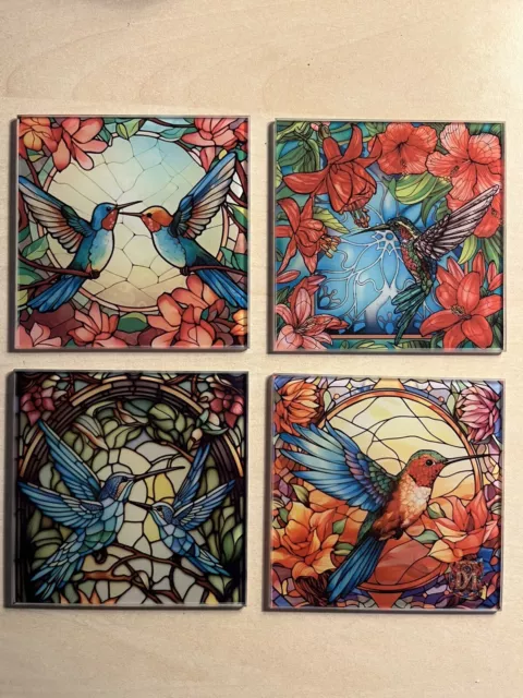 Set of four handmade glass hummingbird coasters