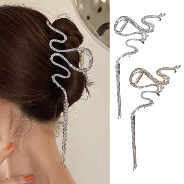 Snake Hair Clip Large Metal Rhinestone Hair Accessory Claws With Tassel Chains