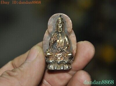 China bronze Gilt cast metal Kwan-Yin GuanYin Bodhisattva statue amulet Pendant