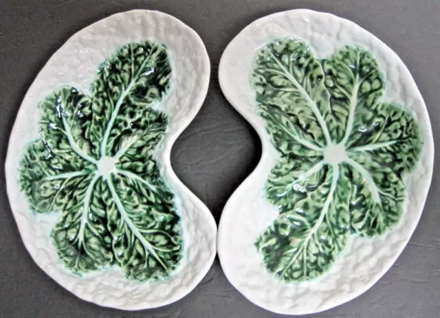 Vtg 2 BORDALLO PINHEIRO Majolica CABBAGE LEAF GREEN WHITE CRESCENT Side PLATES