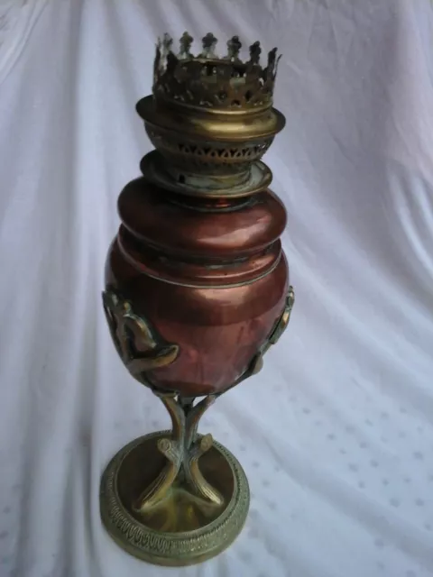 Ancienne Lampe A Petrole, Art Nouveau,1900, Bronze Dore Et Cuivre,Electrifiee