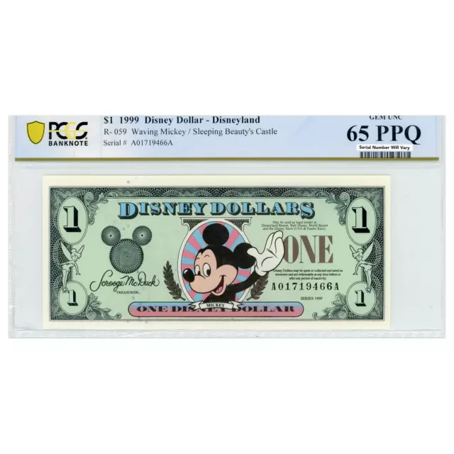 1999 Disney Dollar - Waving Mickey/Sleeping Beauty's Castle - PCGS 65 PPQ GEM UN