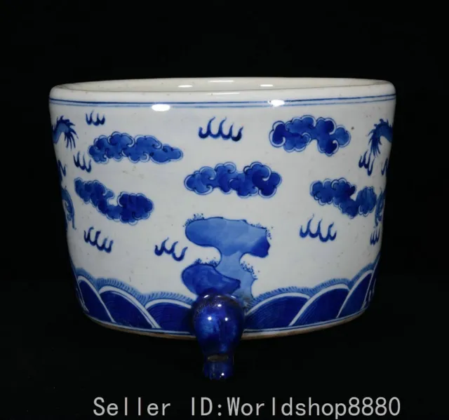 7.6" Old Chinese Blue White Porcelain Fengshui Pair Dragon Incense Burner Censer 3