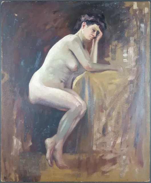 Ancien Tableau "Nu Assis" Peinture Huile Nu Antique Oil Painting Woman Nude