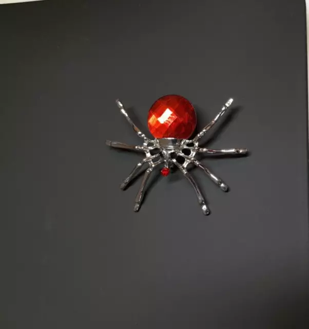 Spider Brooch Pin Silver Red Gem Crystal Rhinestone 1.5 Inches Coat Bling