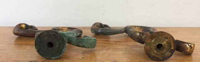 Pair Vintage Solid Brass Distressed Hollywood Regency Curtain Tieback Hooks 4.5" 2