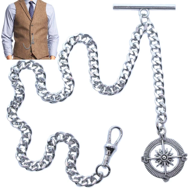 ALBERT CHAIN SILVER Tone Pocket Watch Chain Compass Style Fob Swivel