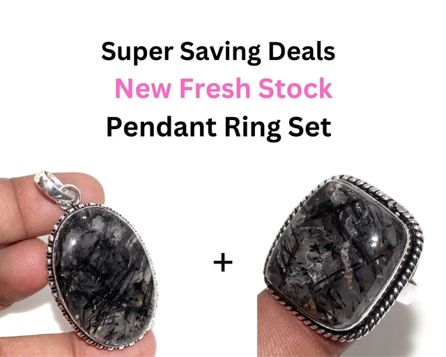 Natural Black Rutile New Fresh Stock Pendant Ring Combo Set 2.1|8" JW