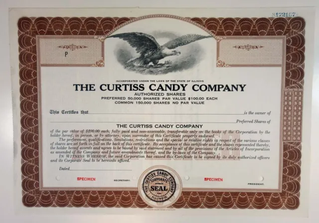 IL. Curtiss Candy Co 1940-50 Specimen Stock Cert Odd Shrs XF SBN Brown Preferred