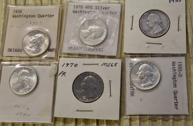 6 Washington Quarters 1934 N/UNC,  1955D N/UNC, 1964 N/UNC, 1976 40%,     #34