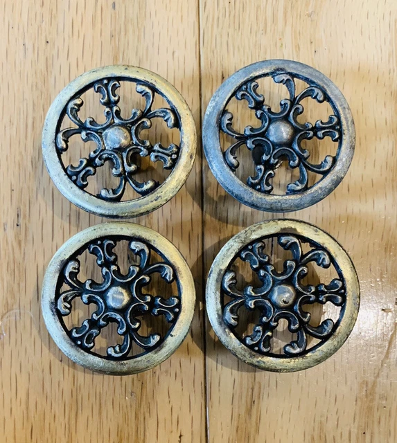VINTAGE ROUND HARDWARE Ornate Brass Drawer Pulls Matching Set of 4