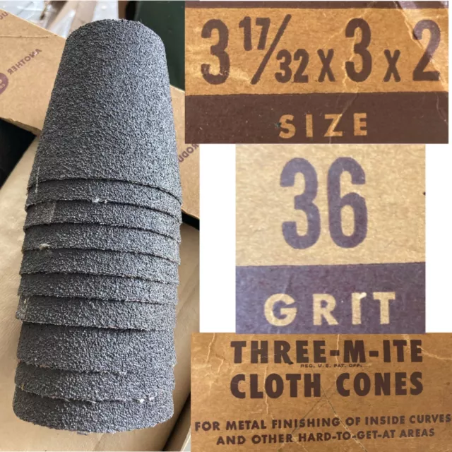 Set of 10 3M Sanding Cones 36 Grit 3 -17/32” x 3” x 2” Cloth Vintage NOS NWOB