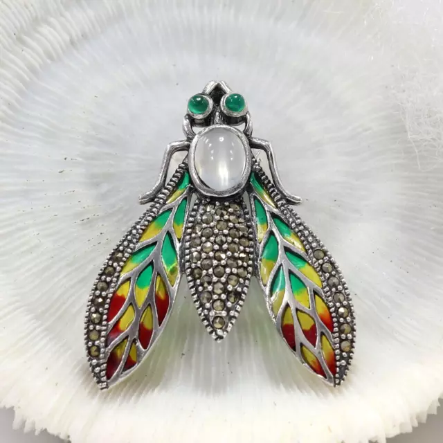 Broche à breloque mouche maison colorée, en argent 925, en cristal de...