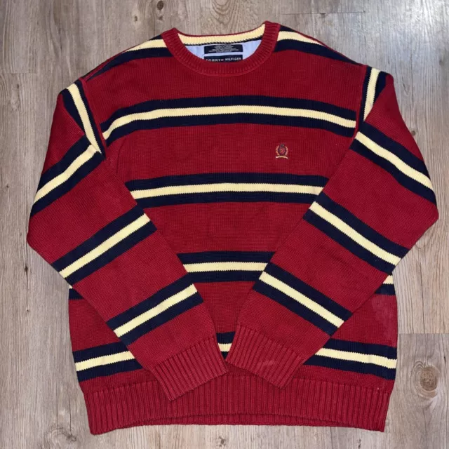 Vintage Tommy Hilfiger Striped Red Yellow Blue Sweater Mens Size XL Cotton Crest