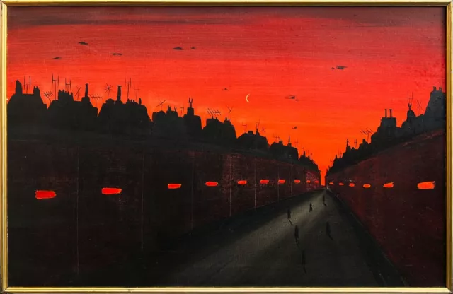 Fred Uhlman (1901-85) Original Pintura Al Óleo Rojo Sky At Noche Alemán Interés