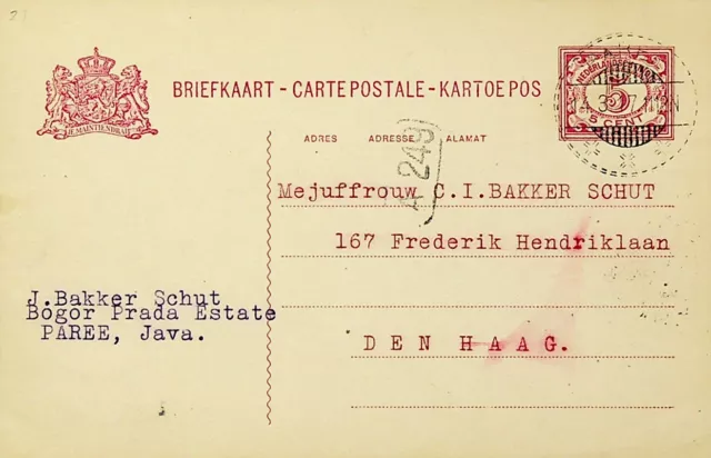 SEPHIL NETHERLANDS INDIES 1917 WWI 5c PS CARD F/ PAREE JAVA TO DEN HAAG HOLLAND