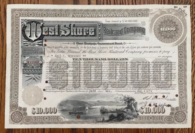 $10,000 West Shore Railroad Company Bond Stock Certificate New York Central