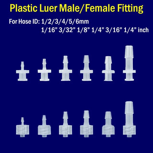 ALL SIZES LUER Lock Male Female Fitting Hose Barb Adapter Plastic Inch