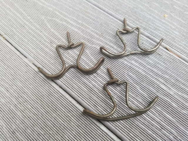 3 Vintage 1930 Farmhouse under shelf Bent Metal Wire Coat hooks Hardware