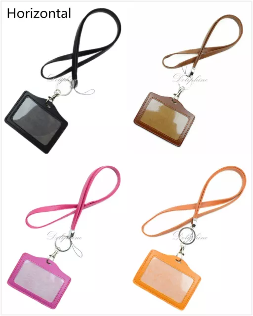 Durable PU Leather Necklace Lanyard and ID badge with 1 ID Window & 1 Card Slot