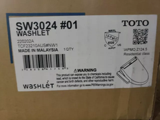 Toto Washlet Electric Bidet Toilet Seat Elongated  Cotton White SW3024#01 Opn Bx