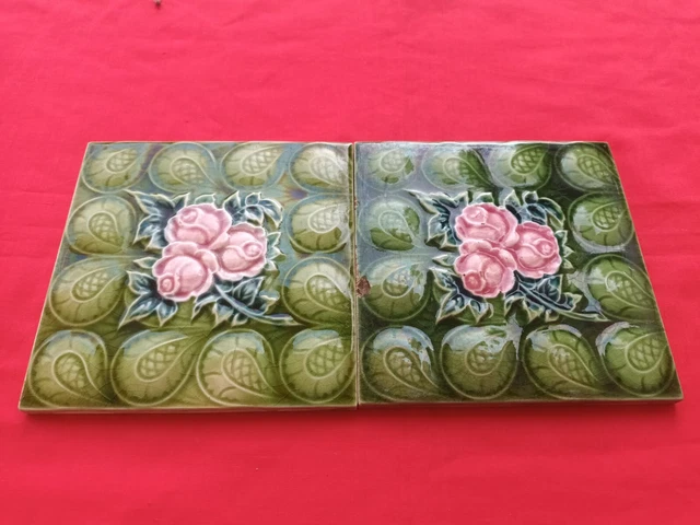 2 Piece Old Art Deco Floral Design Embossed Majolica Ceramic Tiles England 0262 2