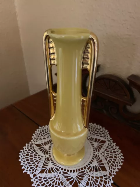 Vintage Shawnee Pottery Yellow with Gold Trim Bud Vase Art Deco 8"