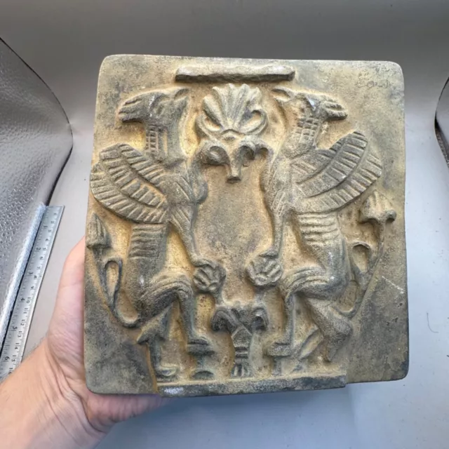 Rare Ancient Near Eastern Large Stone Tile With Two Winged Anunaki Figures e