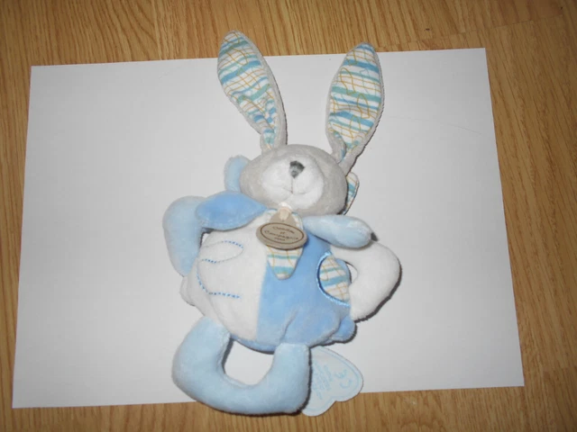 DOUDOU ET COMPAGNIE hochet celestin lapin bleu brun beige écru marron