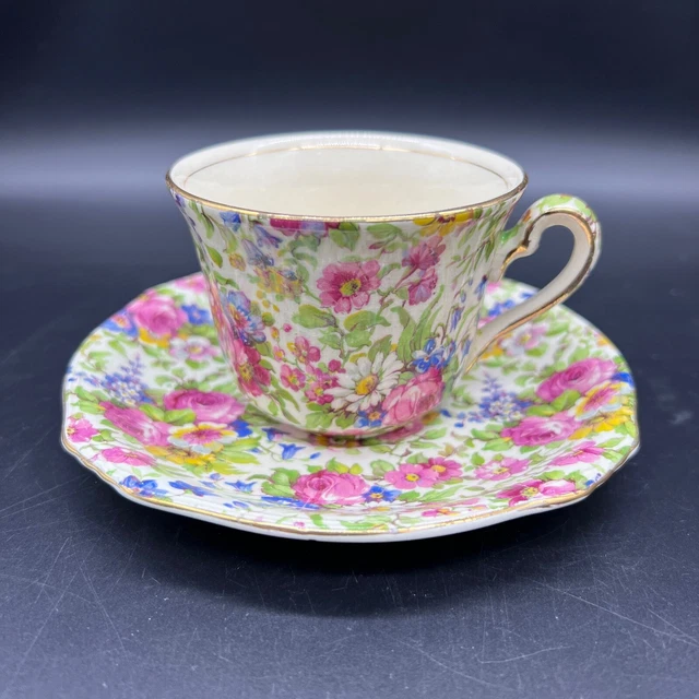 1940s Royal Winton Summertime Chintz 3 1/4” Tea Cup & Saucer Set Rose Grimwades