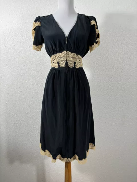 Vintage Betsey Johnson Coquette Dress Womens Small Silk Black Front Zip Lace