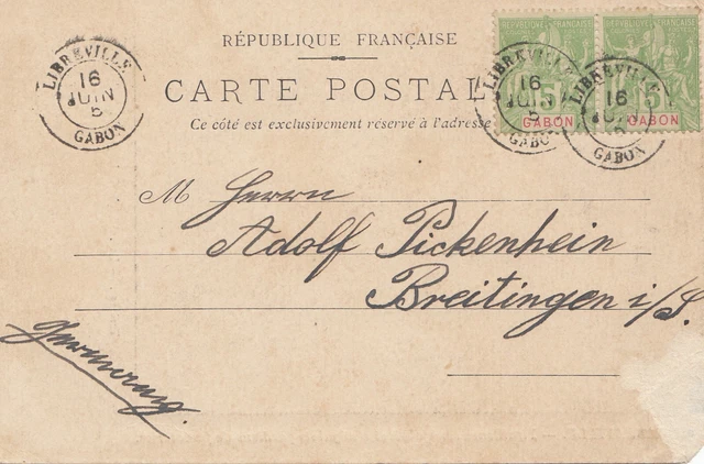 French colonies: Gabun Libreville 1905 post cardc to Breitingen