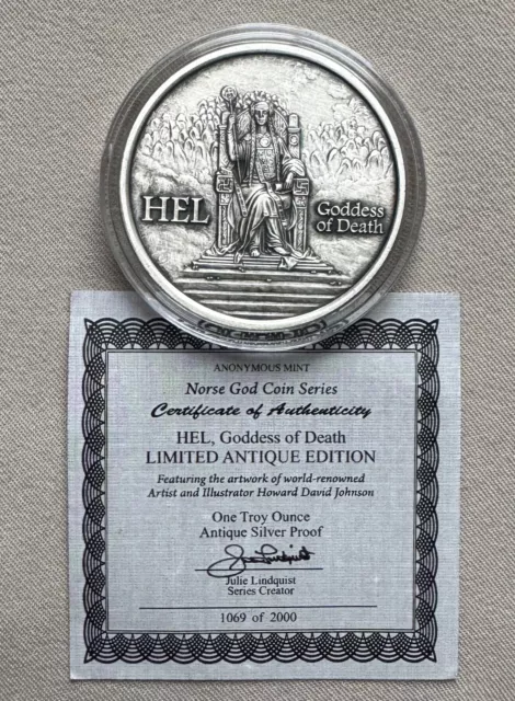 HEL, Goddess of Death Norse God Antique Ed. 1 ozt .999 Fine Silver Coin+COA;U332