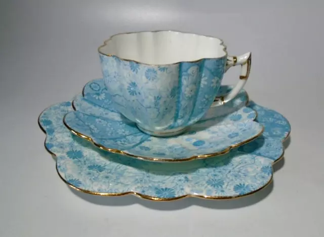 Wileman Foley China Daisy Tea Cup, Saucer & Plate Trio, Blue Jungle; c. 1890 #2