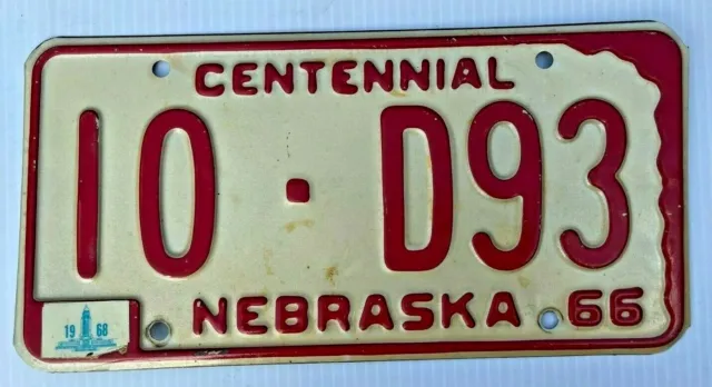 Nice 1966 1968 Nebraska  Auto License Plate " 10 D 93 " Ne 66  Centennial Low No