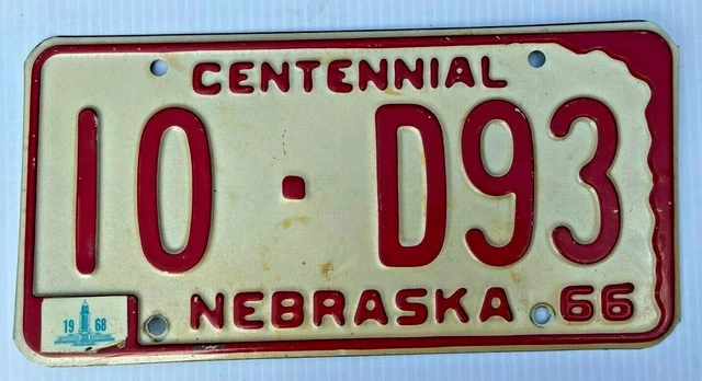Nice 1966 1968 Nebraska  Auto License Plate " 10 D 93 " Ne 66  Centennial Low No