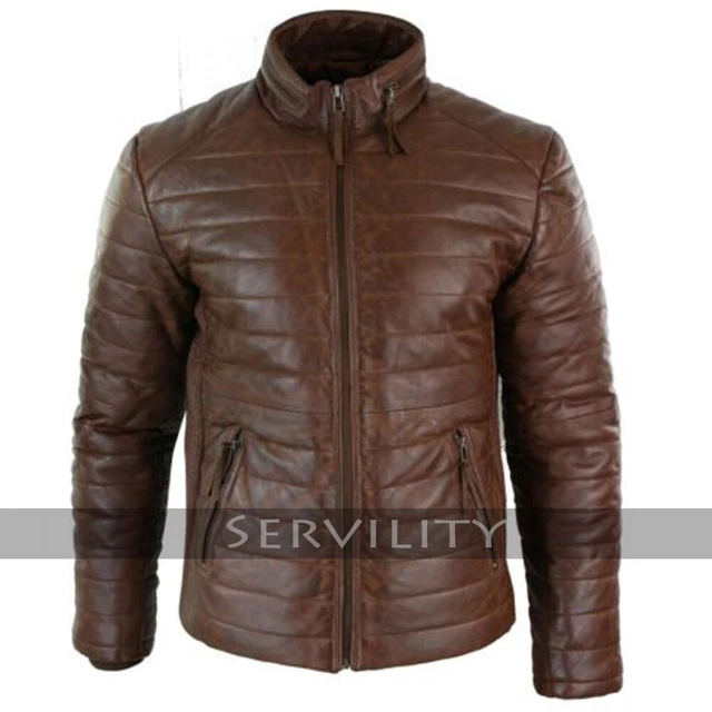 Men's Real Brown Lambskin Leather Puffer/Quilted Jacket Zipped Casual 2021