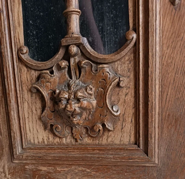 Pair French Antique Architectural Lion Head Panel Glass Door Solid Oak Wood 3