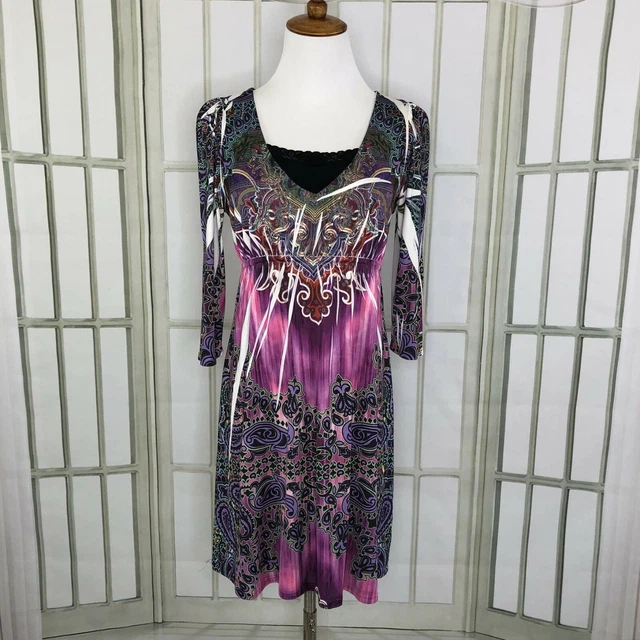 Ophelia Slinky Tunic Blouse  Empire Waist  Geometric Purple  Size Medium