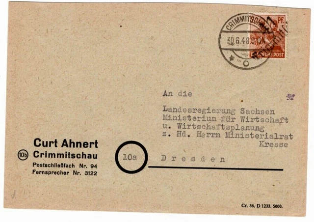 SBZ Bezirk 41 Firmenbrief CRIMMITSCHAU - DRESDEN mit 174 X;30-6-48