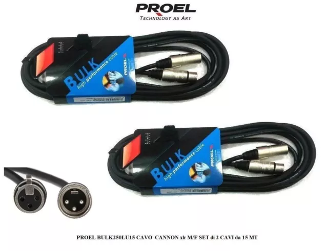 PROEL BULK250LU15 CAVO per MICROFONO CASSE CANNON xlr M/F SET 2 CAVI da 15 metri