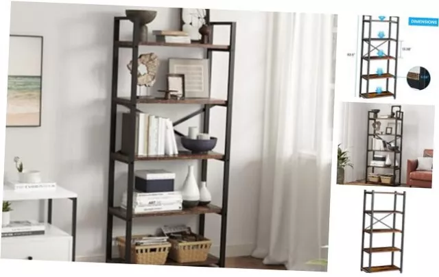 5 Tier Bookshelf Rustic Industrial Style, Storage 23.6" Width Rustic Brown