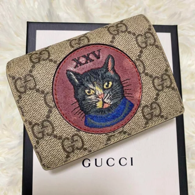 Portefeuille pliant Gucci Mystic Cat GG Supreme, compact Authentique...