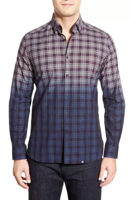 Stone Rose Trim Fit Dip Dye Plaid Sport Shirt Blue Wine Black M L XXL 3 4 6