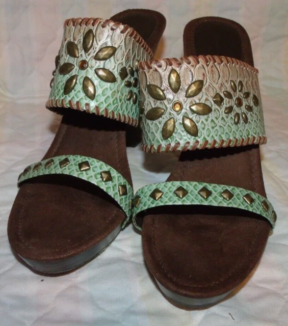 Amanda Smith Green Studded Leather Strappy Platform Block Heel Shoe Size 10M
