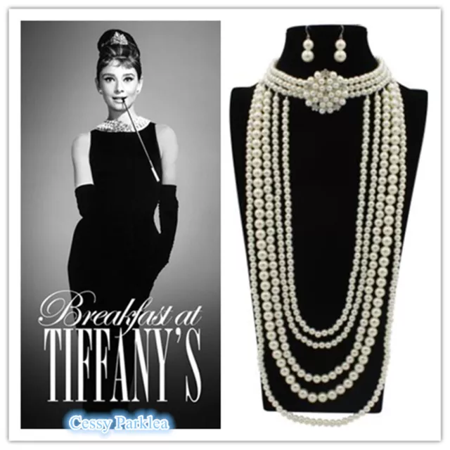 50's Vintage Audrey Hepburn Faux Pearl Rhinestone Jewelry Necklace Earrings Set