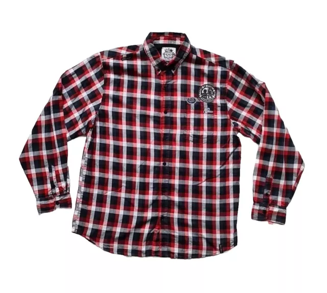 Camicia a maniche lunghe AKDMKS a quadri con patchwork da uomo rosso bianco blu taglia 2XL.  3