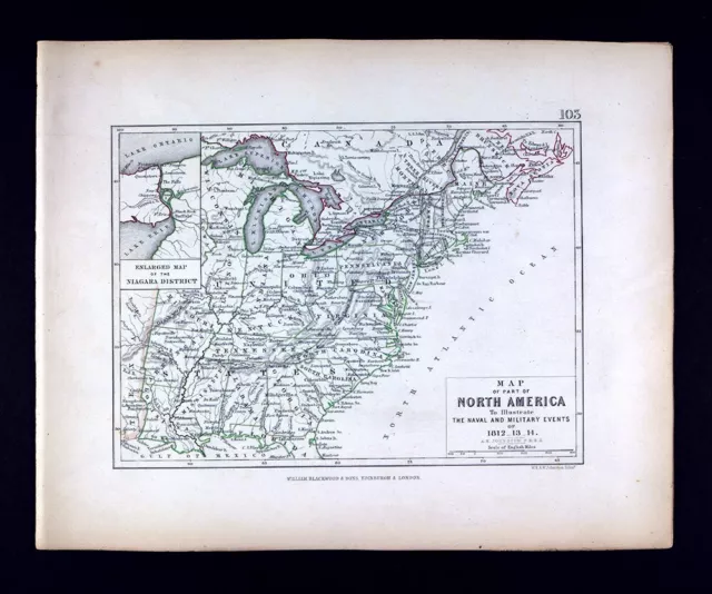 1855 Johnston Military Map War of 1812 United States Canada Great Lakes Niagara